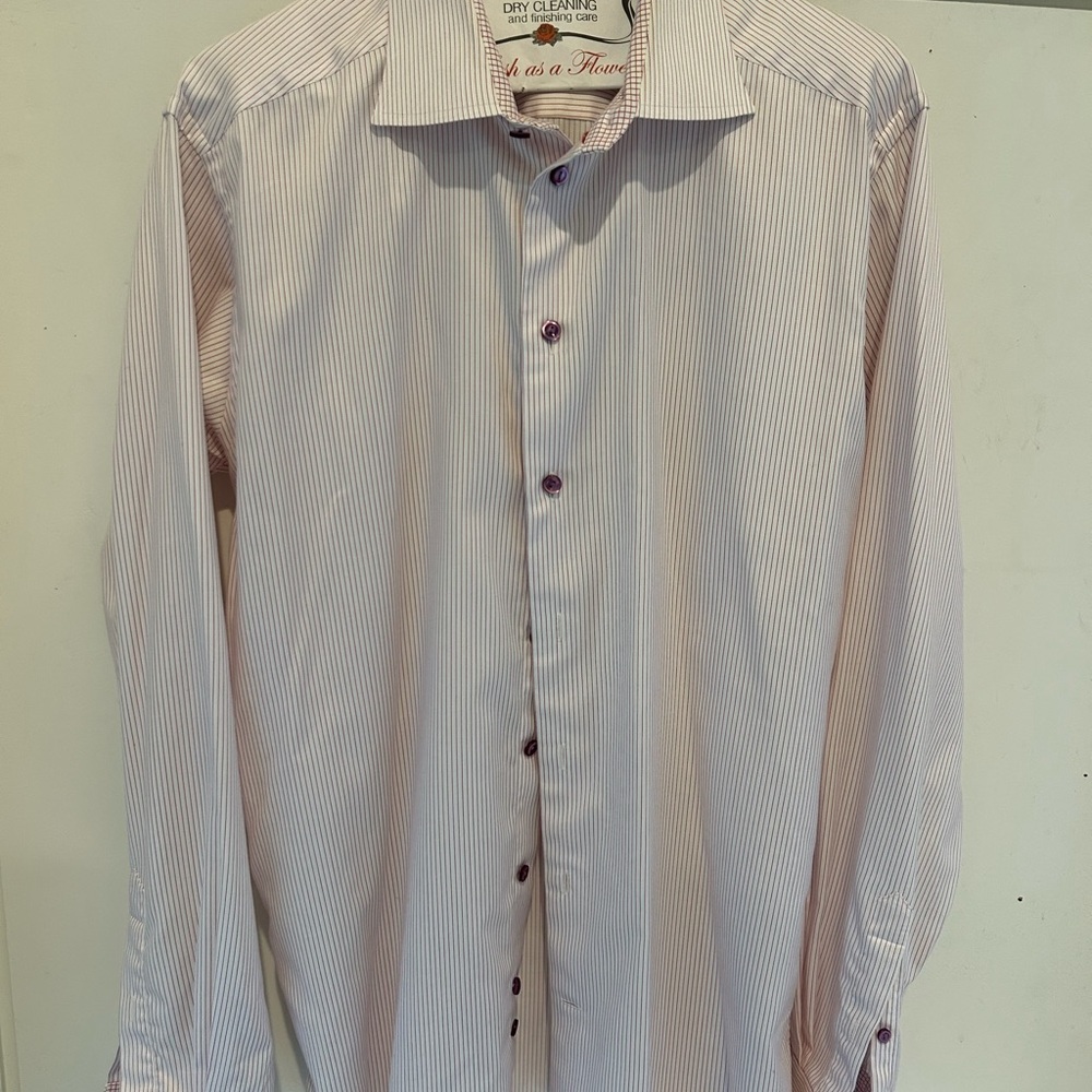 Eton Red and White Striped Shirt with purple buttons. A classic